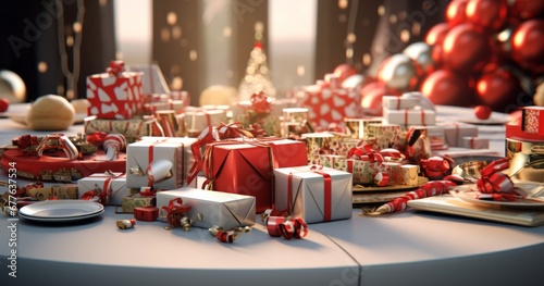 Festive background with scattered gift boxes and red ribbons, warm lighting, holiday concept.
