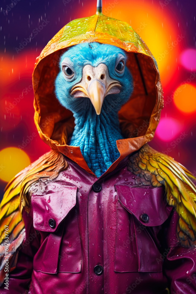Fototapeta premium A picture of a blue bird wearing a purple jacket and holding a yellow umbrella. This image can be used to depict a cute and colorful bird in different weather conditions
