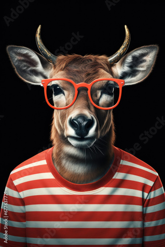 A picture of a deer wearing red glasses and a striped shirt. This image can be used for various purposes, such as children's books, wildlife illustrations, or quirky fashion designs © Fotograf