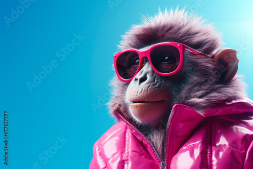 A picture of a monkey wearing sunglasses and a pink jacket. This image can be used for various purposes such as advertising, social media posts, or as a fun and playful element in design projects © Fotograf