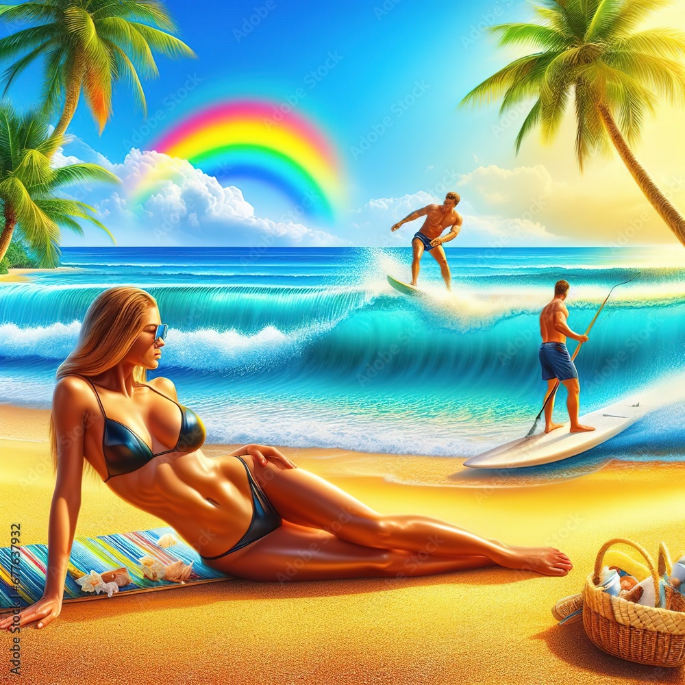 A beautiful girl is sunbathing on the beach and a men are surfing 