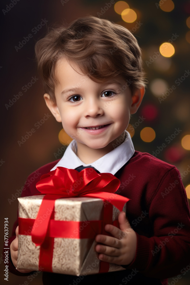 A little boy holds a present in front of a beautifully decorated Christmas tree. This image can be used to depict the excitement and joy of gift-giving during the holiday season. A little boy holds a present in front of a beautifully decorated Christmas tree. This image can be used to depict the excitement and joy of gift-giving during the holiday season.
