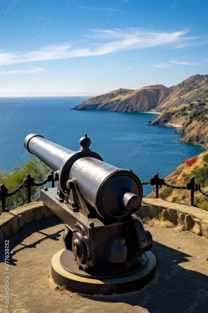 A cannon positioned on a hill with a breathtaking view of the ocean. Ideal for historical or military-themed projects