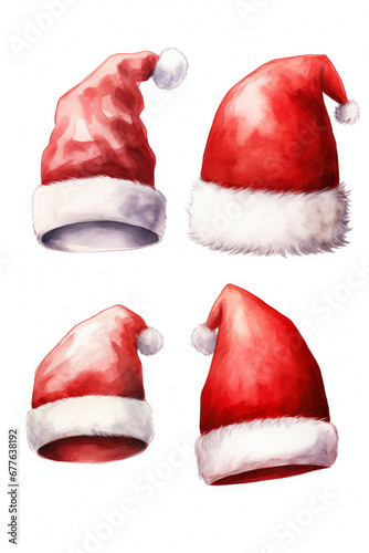 A set of four red Santa hats on a white background. Perfect for holiday-themed designs and Christmas promotions.