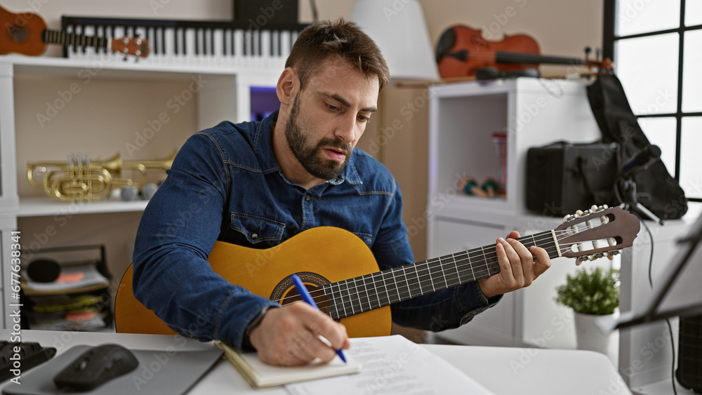 Young hispanic man musician composing song playing classical guitar at music studio - obrazy, fototapety, plakaty 