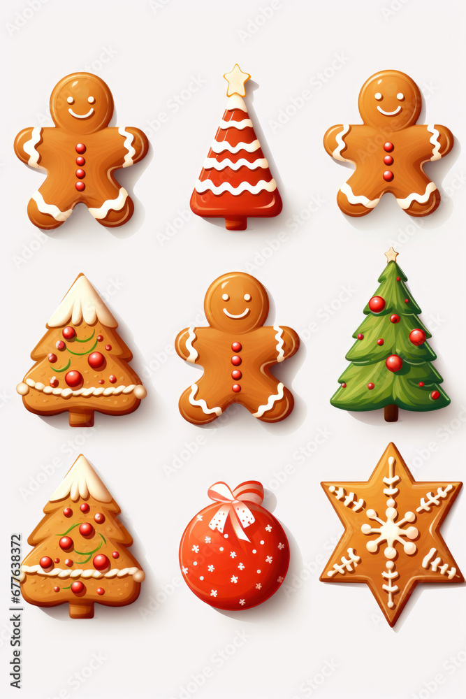 A collection of festive Christmas cookies and decorations displayed on a clean white background. Perfect for holiday-themed designs and baking inspiration.