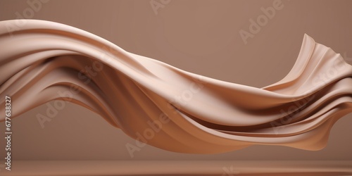 3D background. Beige podium, display mockup. Luxury brown silk flying cloth in motion. Beauty, cosmetic product presentation. Feminine template with copy space. 3d render, Generative AI