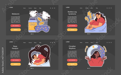 Insomnia dark or night mode web, landing set. Diverse characters suffering from sleep deprivation. Sleep and mental disorder. Sleep hygiene and stages. Circadian rhythm. Flat vector illustration.