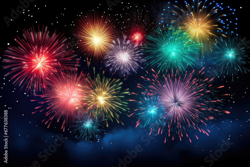 Night of celebration with beautiful colorful fireworks, night sky of festivals time, Happy new year with vivid firework exploding background, abstract anniversary with pyrotechnics scene.