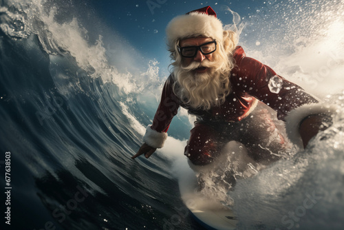 Santa Claus  doing surfboarding on the wave photo