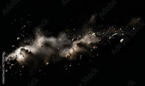 flying debris with dust on black background, Generative AI