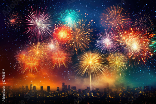 Night of celebration with beautiful colorful fireworks  night sky of festivals time  Happy new year with vivid firework exploding background  abstract anniversary with pyrotechnics scene.