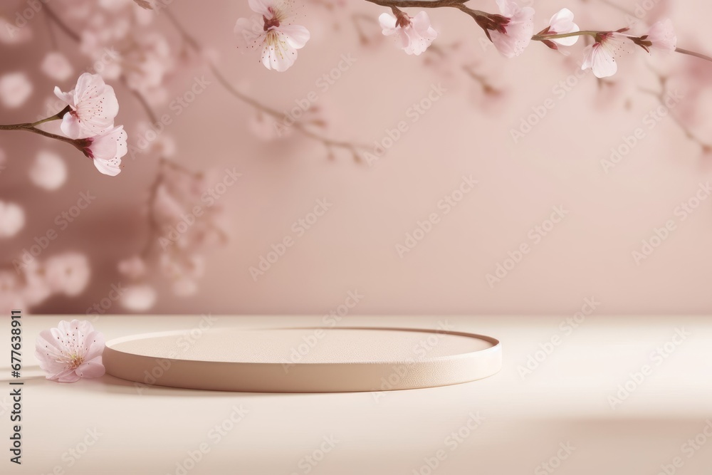 3D background, beige podium display. Sakura pink flower tree branch. Cosmetic or beauty product promotion step floral pedestal. Abstract minimal advertise. 3D render copy space spring, Generative AI