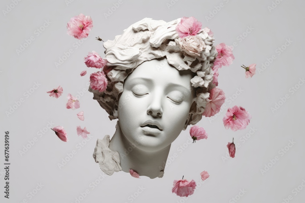 3D Ancient woman Statue, white broken stone. Greek,roman goodness style. Head sculpture pink flowers bouquet on gray background. Nature, Peonies, falling petals. Feminine beauty abstract,Generative AI