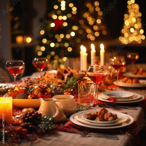 Beautiful Christmas table setting with candles and fruits, selective focus.