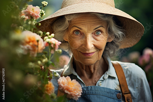Generative AI picture of nature autumn garden colorful image senior woman taking care nurturing flowers