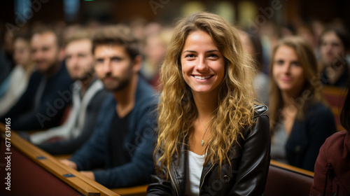 Woman looking at the camera at a conference, play, meeting, class. Young woman at a public hearing. University or master's student in the middle of a class. University students. © Acento Creativo