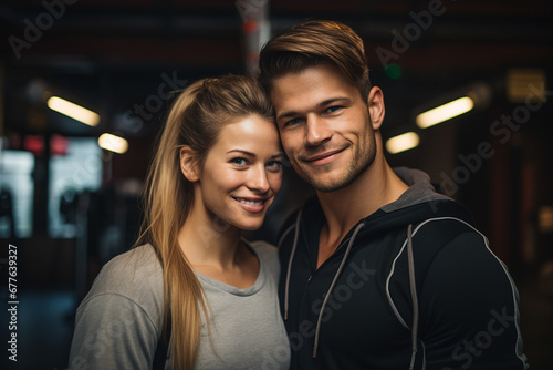 Generative AI picture of sporty married people couple in love training together in a sports gym