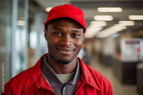 Generative AI picture of black man postman in uniform delivering parcel mail post to customer © Tetiana