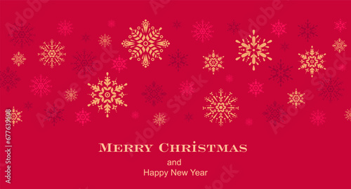 Red Christmas Background with Border Made of Gold Snowflakes. Flat Vector Modern Design. Christmas Greeting Card.