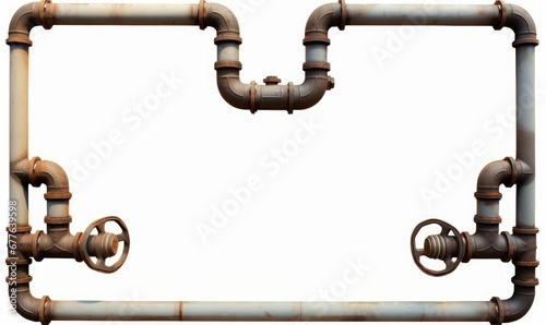 two worn pipes forming a frame around an empty space (pipes with valves, connectors and rivets on a white background), Generative AI