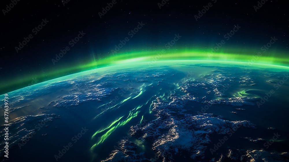 Obraz premium Northern Lights, a view from space. Multicolored iridescent waves. A rare fascinating natural phenomenon.