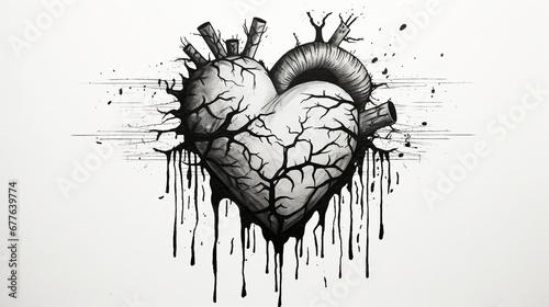 broken heart monochrome pen and ink drawing