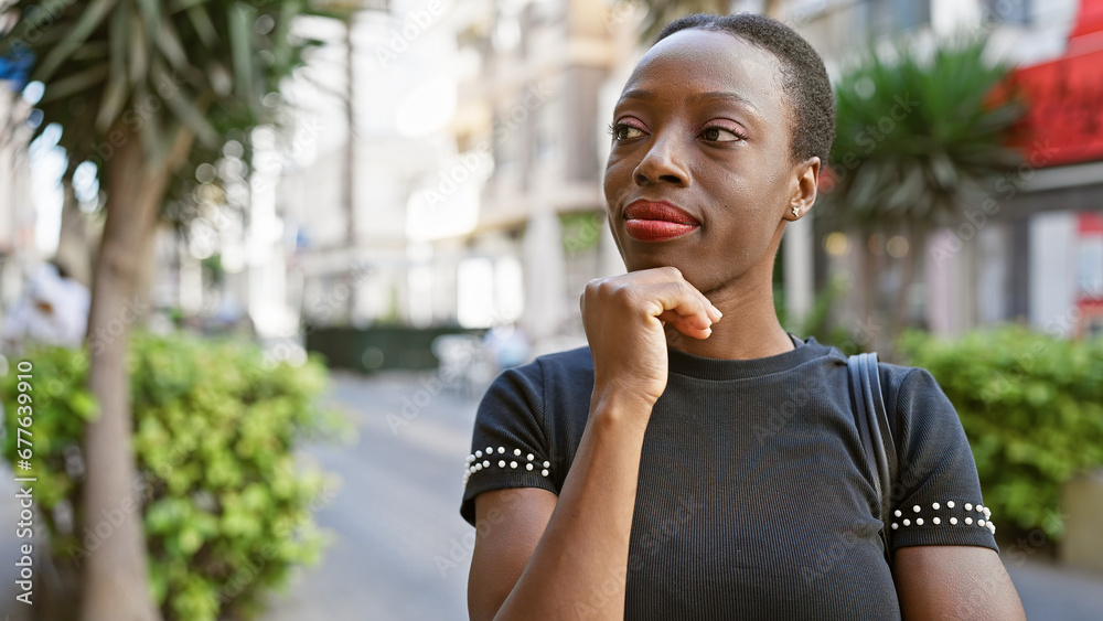 Cool, attractive african american woman standing with a doubtful expression on a sunny city street, deliberating over an idea in a relaxed, urban lifestyle fashion Cool, attractive african american woman standing with a doubtful expression on a sunny city street, deliberating over an idea in a relaxed, urban lifestyle fashion