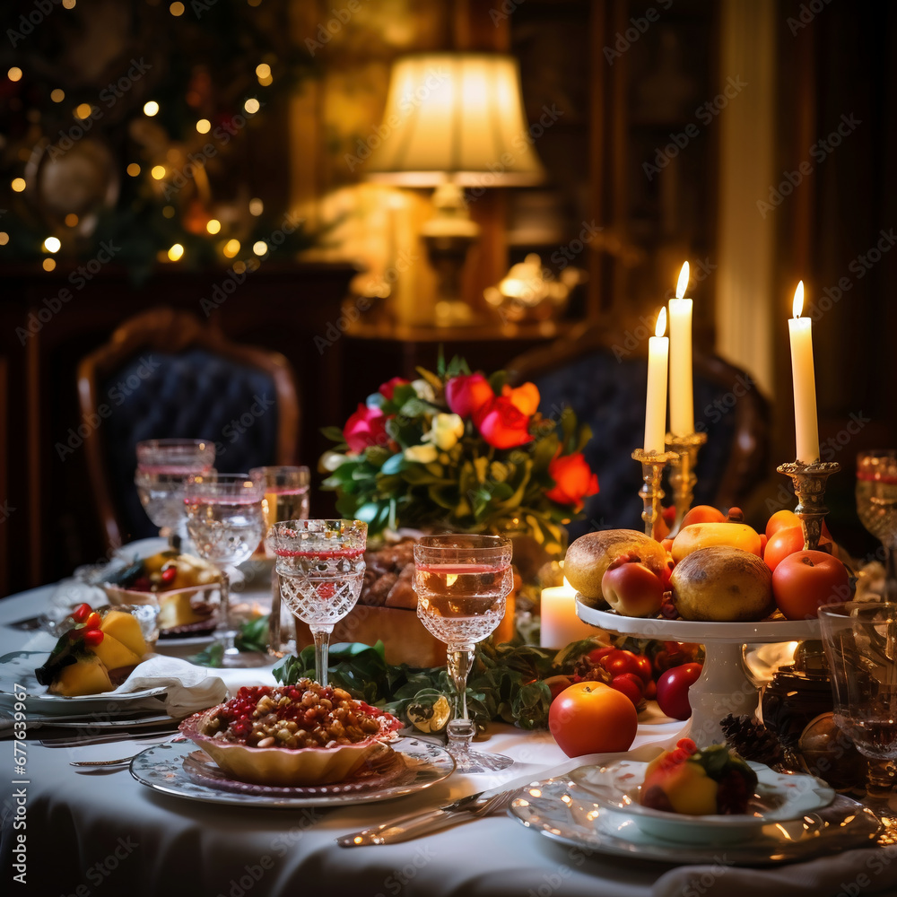 Beautiful Christmas table setting with candles and fruits, selective focus.