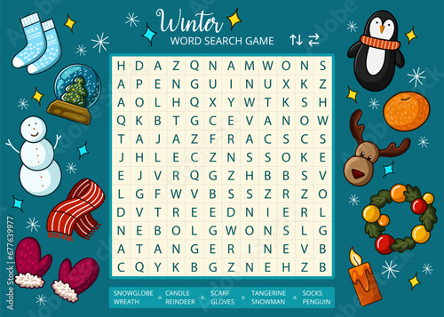 Winter word search puzzle game with cute cartoon drawings worksheet. Printable family activity for holiday Christmas season. Educational game for children and adults, learning English vocabulary photo