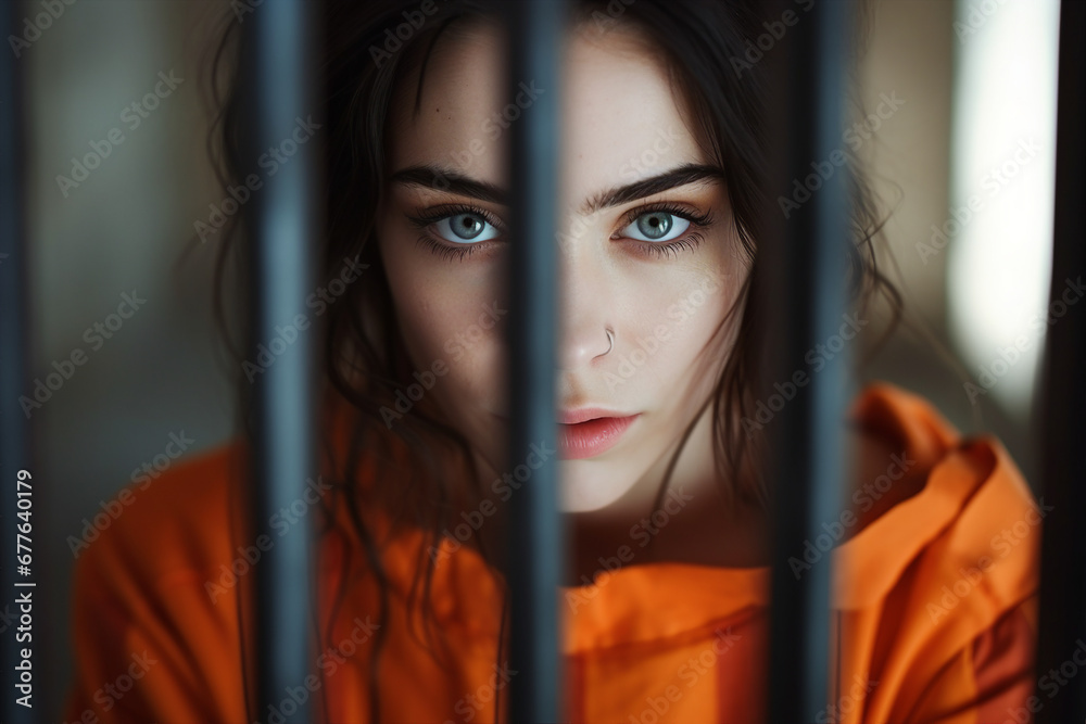 Guilty criminal person standing behind prison cage bars Generative AI creative illustration