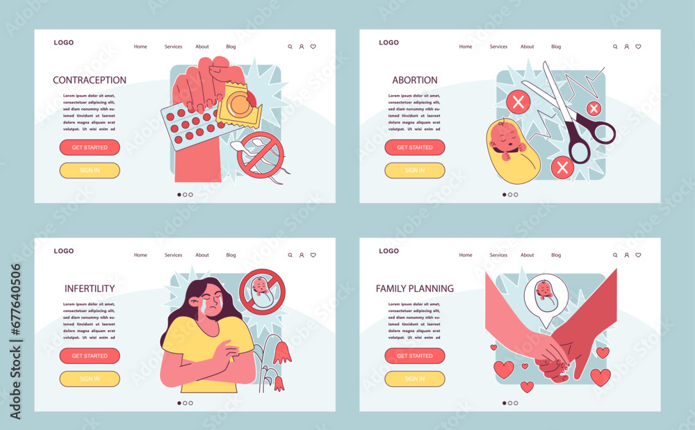 Reproductive health web or landing set. Pregnancy and gynecology disease diagnosis. Family planning and prenatal care. Female empowerment, abortion and contraception. Flat vector illustration
