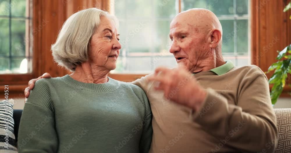 Elderly, couple and communication in care on sofa, marriage and love with support in living room. Senior man, woman and talking with relax, retirement freedom and memory together in happy family home Elderly, couple and communication in care on sofa, marriage and love with support in living room. Senior man, woman and talking with relax, retirement freedom and memory together in happy family home