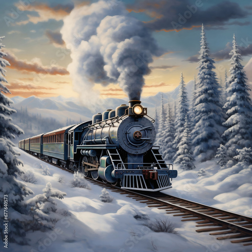 Steam locomotive in the winter forest. 3d render illustration. photo