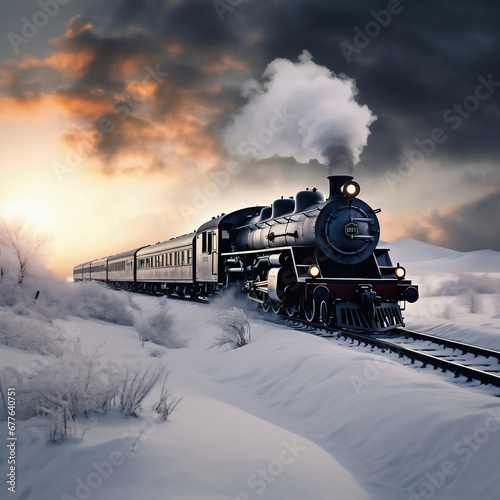 Steam locomotive in the winter forest. 3d render illustration.