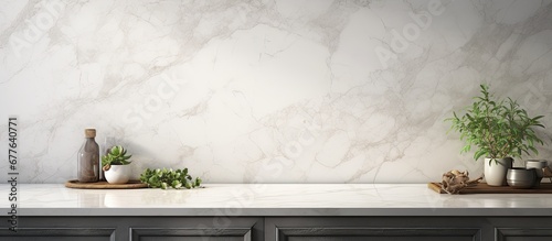 The vintage kitchen interior boasts a white marble wall adorned with an abstract pattern creating a stunning background that adds an artistic touch to the design while showcasing the textur