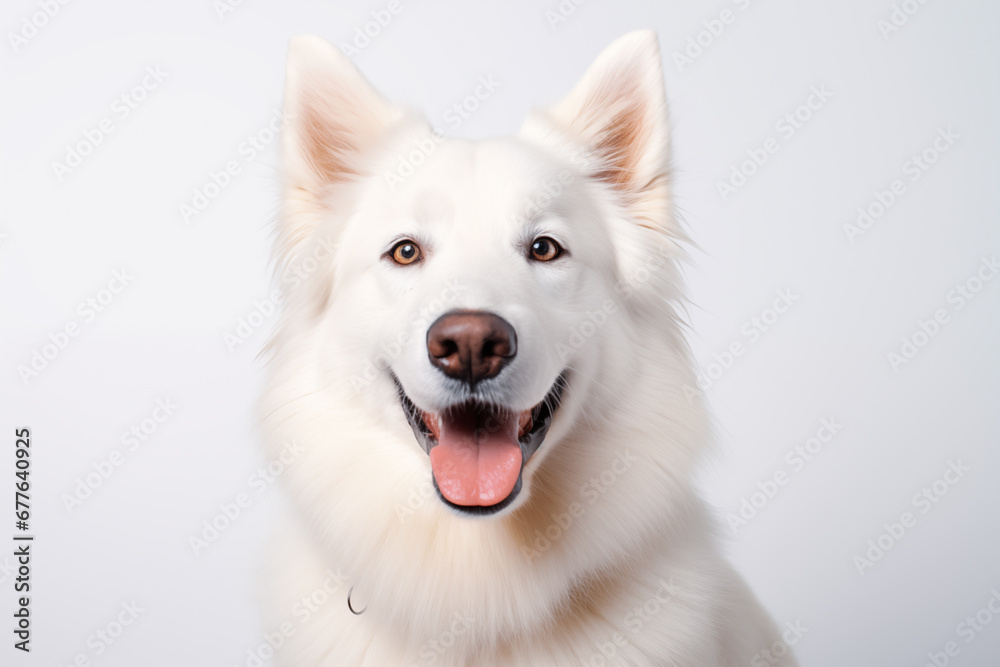 Photo of happy white Swiss Shepherd in studio Photo of happy white Swiss Shepherd in studio