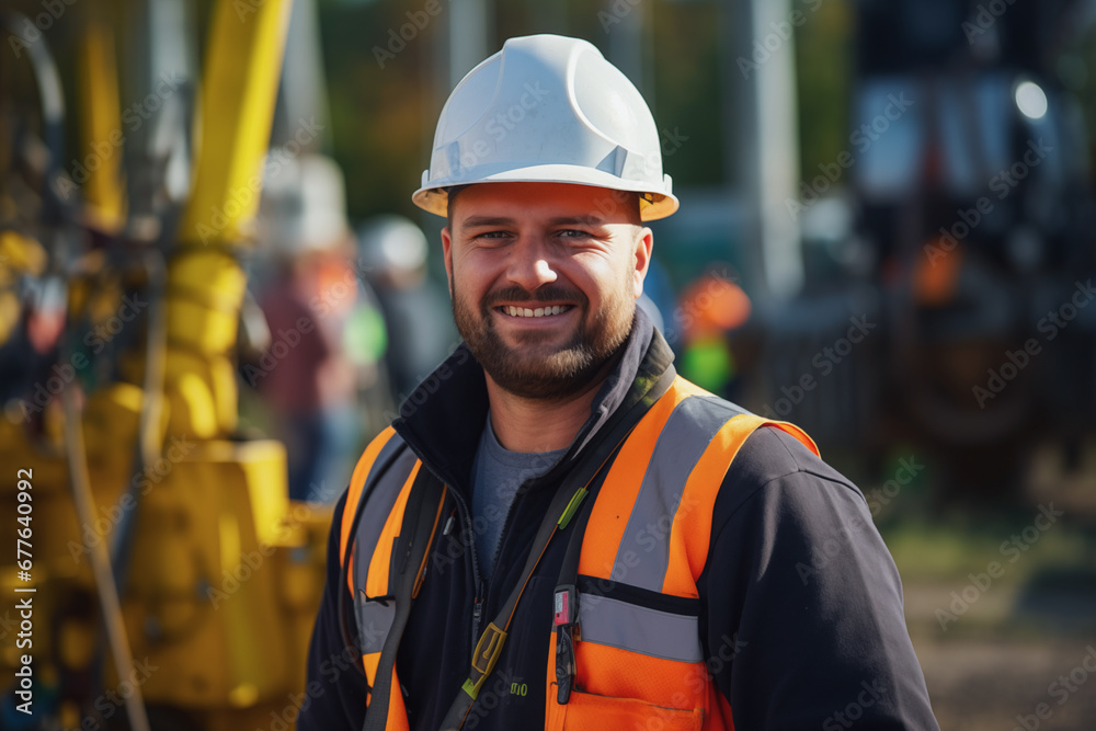 Photo of electrician worker and electric transformer behind.