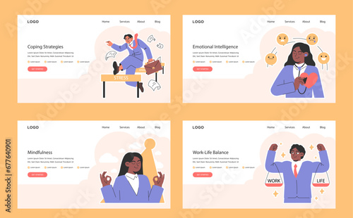 Stress management web banner or landing page set. Diverse office characters burnout. Employee work-life balance, relaxation techniques and self-care. EQ and mindfulness. Flat vector illustration.