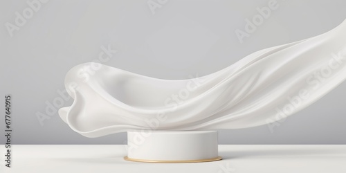3D display podium white background. Luxury flying cloth in motion. Glamour minimal pedestal for beauty, cosmetic product presentation. Feminine copy space template, luxury curtain, 3d, Generative AI