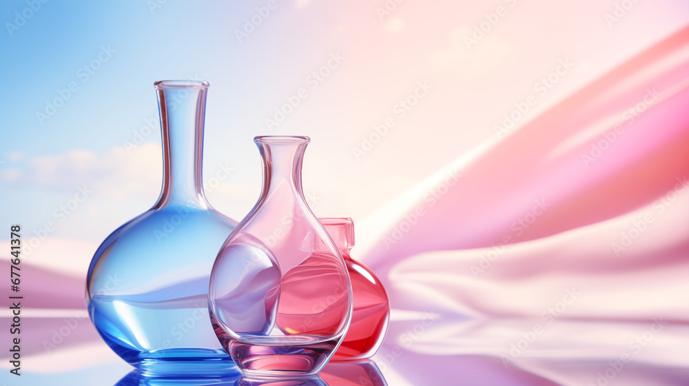 Product mockup background. Abstract vase and bottle shapes of colored transparent glass shapes for product display mockup. Bright color mock up podium background for perfume or cosmetic products, pink