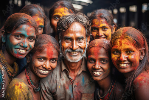 Group of happy young Indian people with colorful paint faces celebrates Holi festival