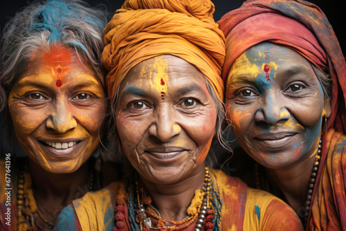 Group portrait of elderly Indian women wearing multi-colored powder at the Holi festival