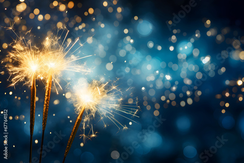 Sparklers on a dark background. Festive New Year background. blurred bokeh in the background.