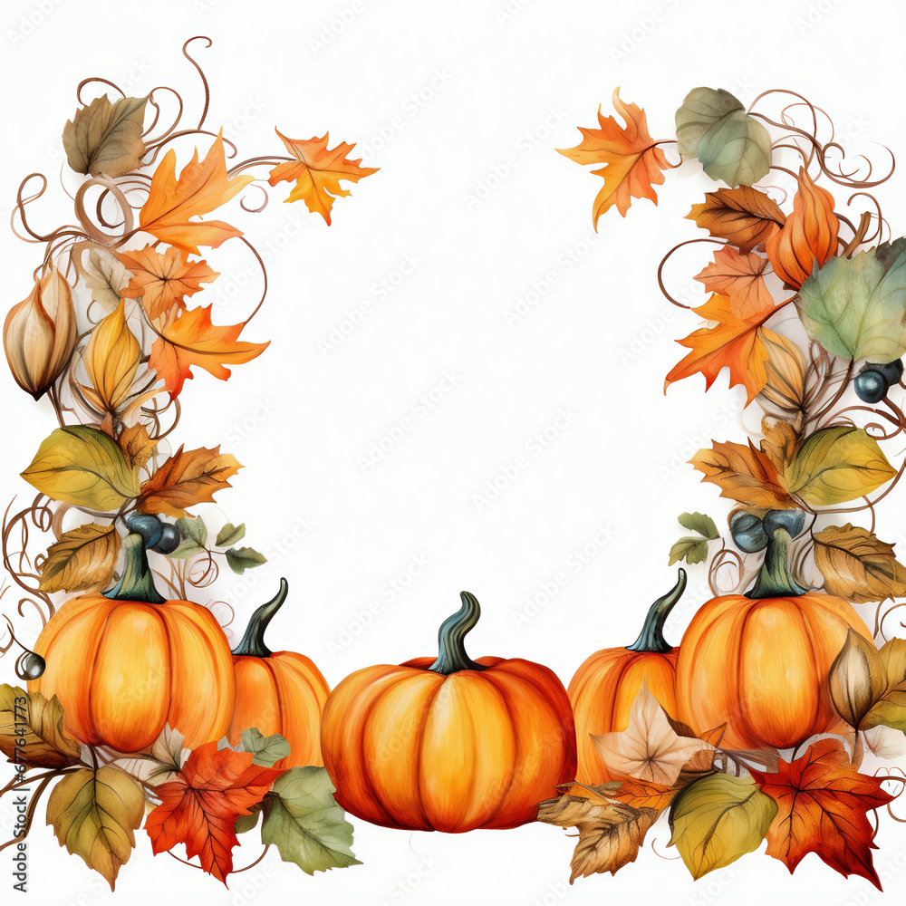 Autumn frame with pumpkins and leaves isolated on white background. Autumn frame with pumpkins and leaves isolated on white background.