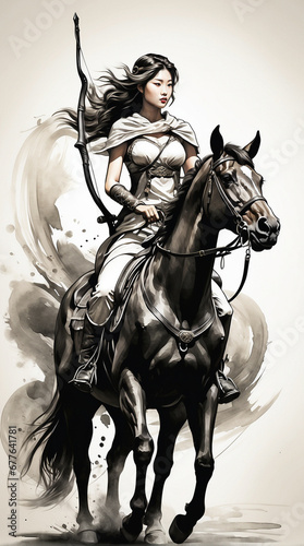 Watercolor brush art image of a young woman riding a horse and armed with archer. © BNMK0819