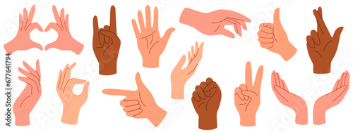 Set of hands in doodle style human arms. Vector different man woman hands showing peace sign, heart, thumbup isolated on the white background photo
