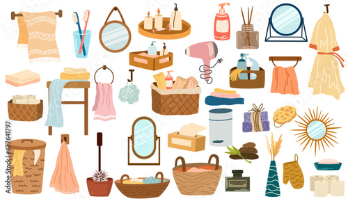 Home decor for bathroom. Cartoon bathroom equipment and toilet accessories, shower and bathtub elements, hygiene room decor. Flat vector illustrations