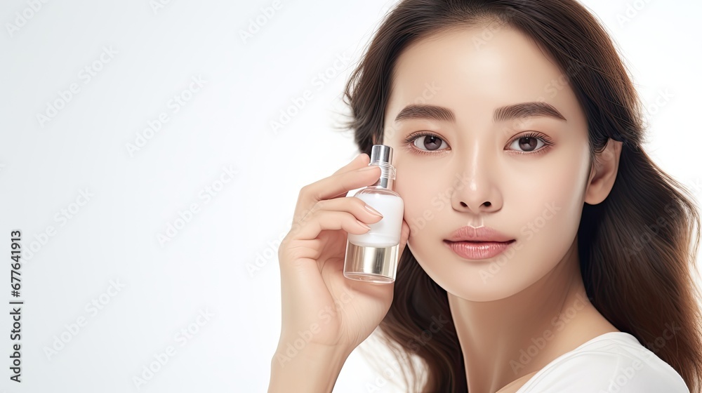 Asiatic female touching his face with serum on white background