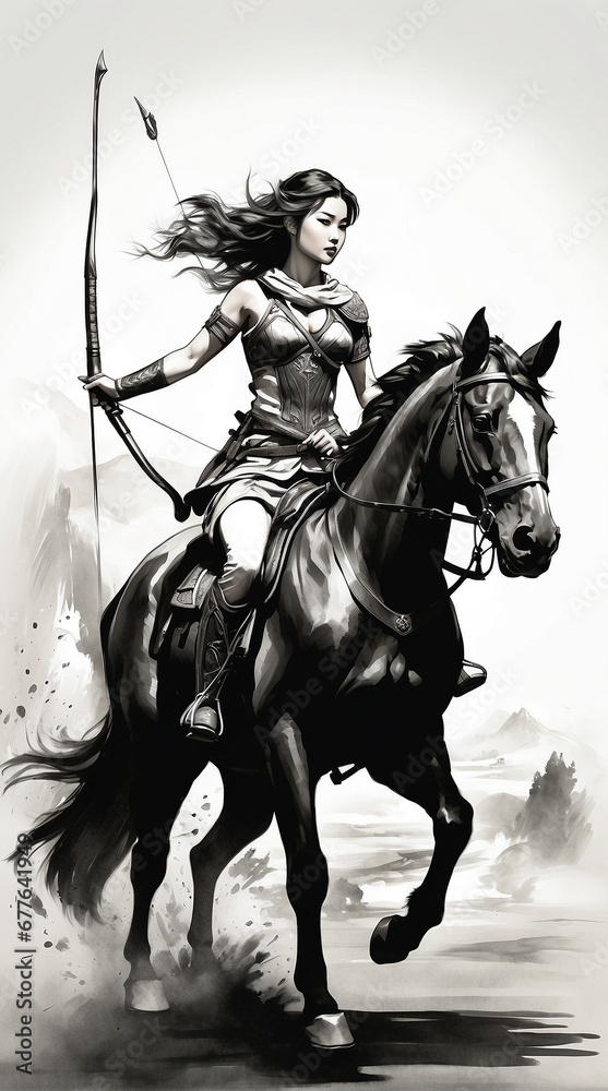 Watercolor brush art image of a young woman riding a horse and armed with archer. Watercolor brush art image of a young woman riding a horse and armed with archer.